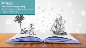 Open book with illustrated pirate, palm tree, treasure chest, and ship emerging from its pages, symbolising storytelling and cultural narratives.
