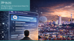 A person viewing a digital AI search interface overlooking the Johannesburg skyline at sunset, representing how Google AI Overviews are reshaping brand visibility in 2026.